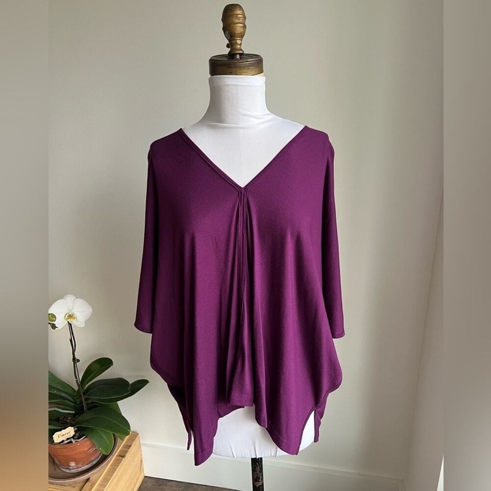 NATORI PURPLE V NECK TUNIC TOP HANKERCHIEF DRAPED KIMONO SLEEVE SIZE M